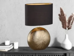 LED Tischlampe mit Keramikfuß Bronze Antik & Stoffschirm Schwarz Gold, Höhe 53cm