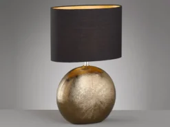 LED Tischlampe mit Keramikfuß Bronze Antik & Stoffschirm Schwarz Gold, Höhe 53cm