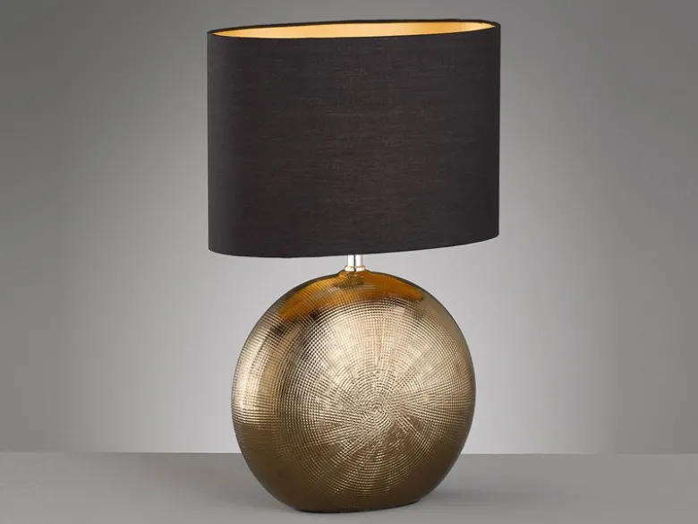 LED Tischlampe mit Keramikfuß Bronze Antik & Stoffschirm Schwarz Gold, Höhe 53cm