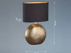 LED Tischlampe mit Keramikfuß Bronze Antik & Stoffschirm Schwarz Gold, Höhe 53cm