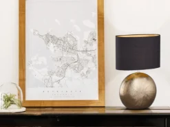 LED Tischlampe mit Keramikfuß Bronze Antik & Stoffschirm Schwarz Gold, Höhe 53cm
