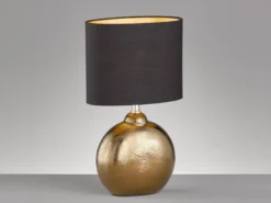 LED Tischlampe mit Keramikfuß Bronze Antik & Stoffschirm Schwarz Gold, Höhe 39cm