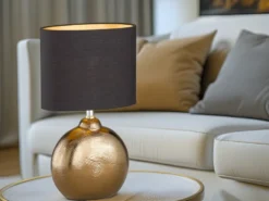 LED Tischlampe mit Keramikfuß Bronze Antik & Stoffschirm Schwarz Gold, Höhe 39cm