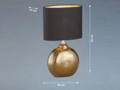 LED Tischlampe mit Keramikfuß Bronze Antik & Stoffschirm Schwarz Gold, Höhe 39cm