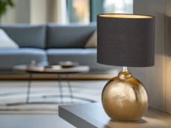 LED Tischlampe mit Keramikfuß Bronze Antik & Stoffschirm Schwarz Gold, Höhe 39cm