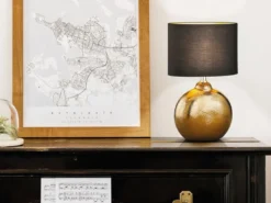 LED Tischlampe mit Keramikfuß Bronze Antik & Stoffschirm Schwarz Gold, Höhe 39cm