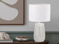 LED Tischlampe mit Keramikfuß Beige & Leinenschirm Weiß, Höhe 39cm