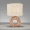 LED Tischlampe mit Keramikfuß Holzoptik & Leinenschirm Beige, Höhe 31cm