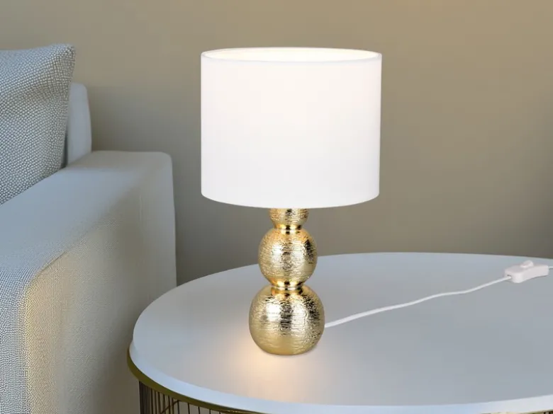 LED Tischlampe mit Keramikfuß Gold & Stoffschirm Weiß, Höhe 29cm