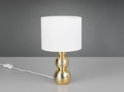 LED Tischlampe mit Keramikfuß Gold & Stoffschirm Weiß, Höhe 29cm