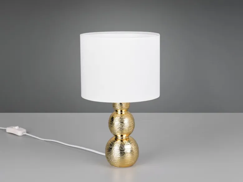 LED Tischlampe mit Keramikfuß Gold & Stoffschirm Weiß, Höhe 29cm