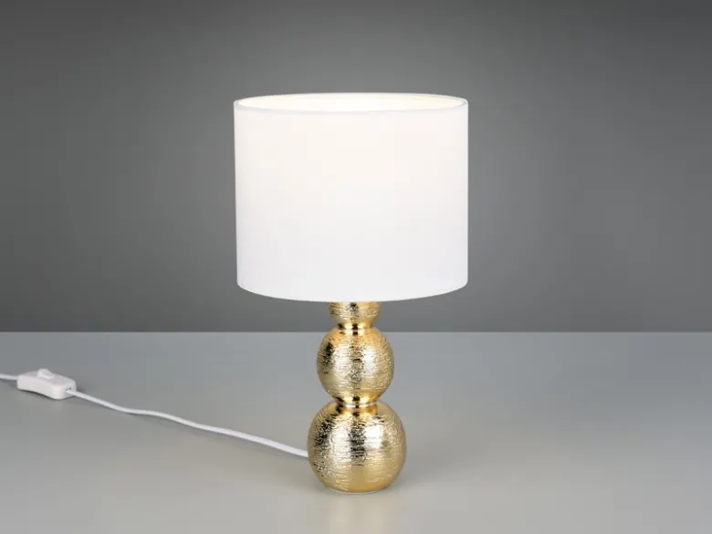 LED Tischlampe mit Keramikfuß Gold & Stoffschirm Weiß, Höhe 29cm