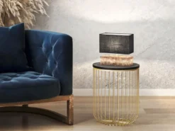 LED Tischlampe mit Keramikfuß Holzoptik & Leinenschirm Grau, Höhe 30cm