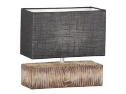 LED Tischlampe mit Keramikfuß Holzoptik & Leinenschirm Grau, Höhe 30cm