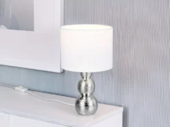 LED Tischlampe mit Keramikfuß Silber & Stoffschirm Weiß, Höhe 29cm