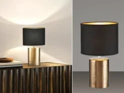 LED Tischlampe mit Keramikfuß & Stoffschirm Schwarz innen Gold, Höhe 35cm