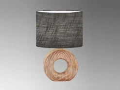 LED Tischlampe mit Keramikfuß Holzoptik & Leinenschirm Grau, Höhe 31cm