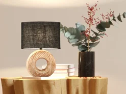 LED Tischlampe mit Keramikfuß Holzoptik & Leinenschirm Grau, Höhe 31cm