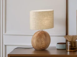 LED Tischlampe mit Keramikfuß Holzfarben & Lampenschirm Leinen Beige, Höhe 53cm