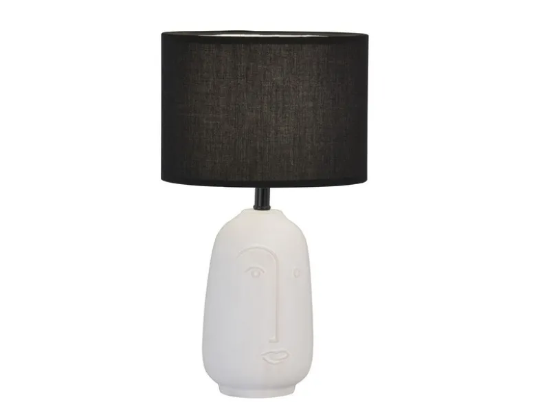 LED Tischlampe mit Keramikfuß Weiß & Leinenschirm Schwarz, Höhe 39cm