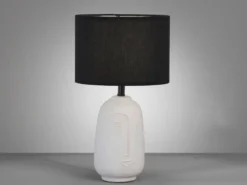 LED Tischlampe mit Keramikfuß Weiß & Leinenschirm Schwarz, Höhe 39cm