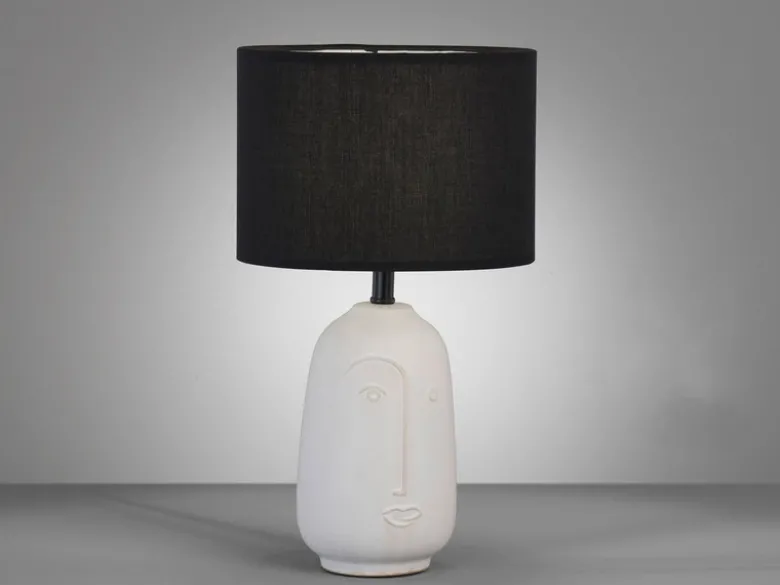 LED Tischlampe mit Keramikfuß Weiß & Leinenschirm Schwarz, Höhe 39cm