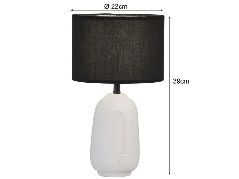 LED Tischlampe mit Keramikfuß Weiß & Leinenschirm Schwarz, Höhe 39cm