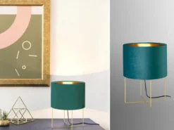 LED Tischlampe mit Lampenschirm Samt Türkis - innen Gold, Höhe 32cm
