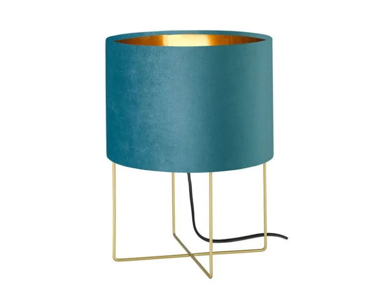 LED Tischlampe mit Lampenschirm Samt Türkis - innen Gold, Höhe 32cm