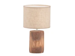 LED Tischlampe mit Leinenschirm Beige & Betonfuß Holzoptik, Höhe 43cm