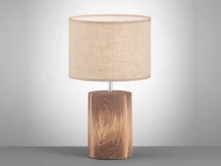 LED Tischlampe mit Leinenschirm Beige & Betonfuß Holzoptik, Höhe 43cm