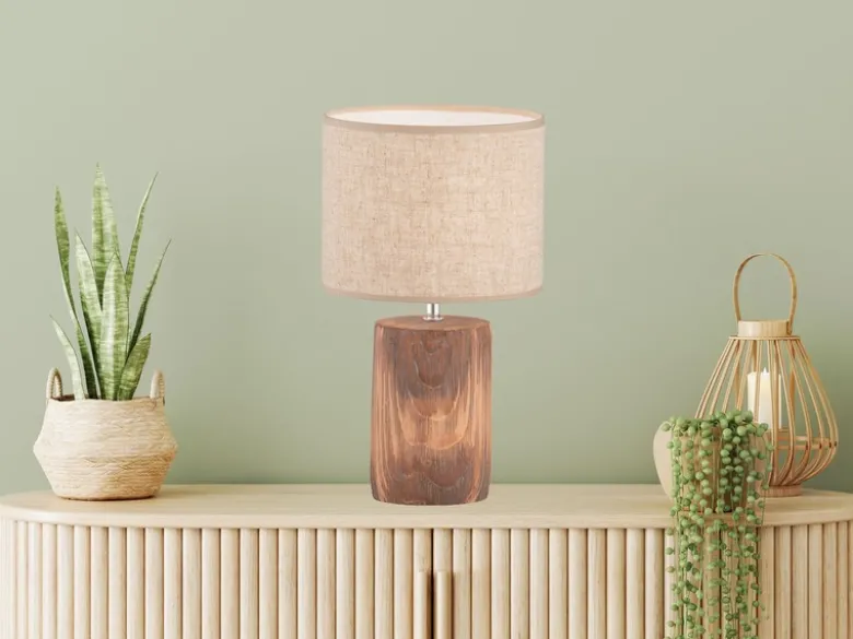 LED Tischlampe mit Leinenschirm Beige & Betonfuß Holzoptik, Höhe 43cm