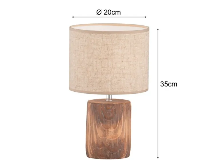 LED Tischlampe mit Leinenschirm Beige & Betonfuß Holzoptik, Höhe 35cm
