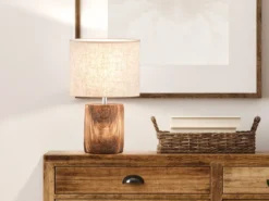 LED Tischlampe mit Leinenschirm Beige & Betonfuß Holzoptik, Höhe 35cm