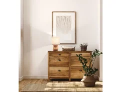LED Tischlampe mit Leinenschirm Beige & Betonfuß Holzoptik, Höhe 35cm