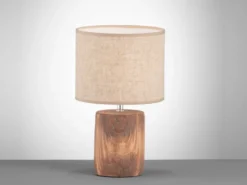LED Tischlampe mit Leinenschirm Beige & Betonfuß Holzoptik, Höhe 35cm