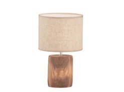 LED Tischlampe mit Leinenschirm Beige & Betonfuß Holzoptik, Höhe 35cm
