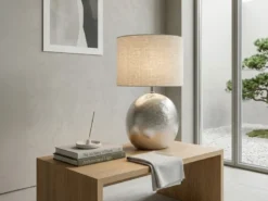 LED Tischlampe mit Metallfuß Silber Antik & Leinenschirm Beige, Höhe 51cm