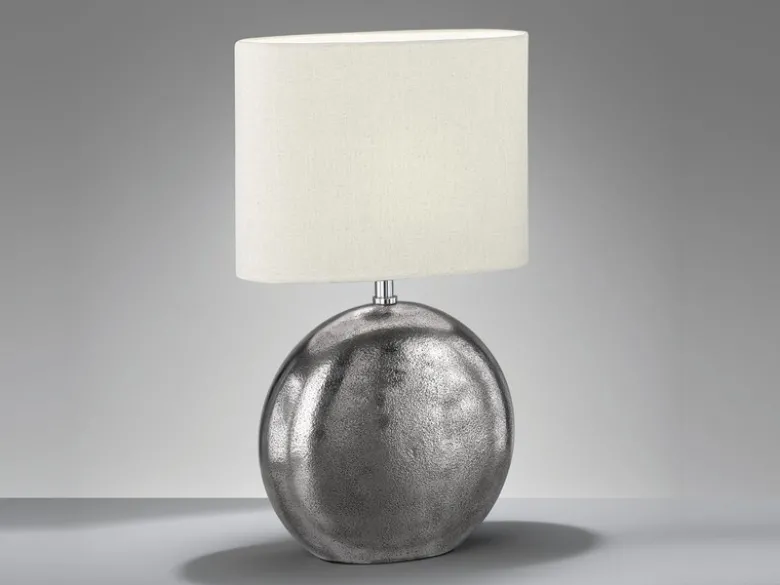 LED Tischlampe mit Metallfuß Silber Antik & Leinenschirm Beige, Höhe 51cm