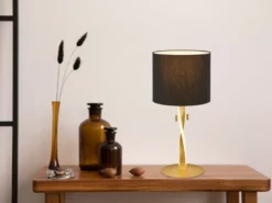 LED Tischlampe mit Stoffschirm Schwarz und beleuchtetem Gestell, Höhe 62cm