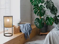 LED Tischlampe Schwarz mit Geflecht in Rattan Optik, Höhe 56cm