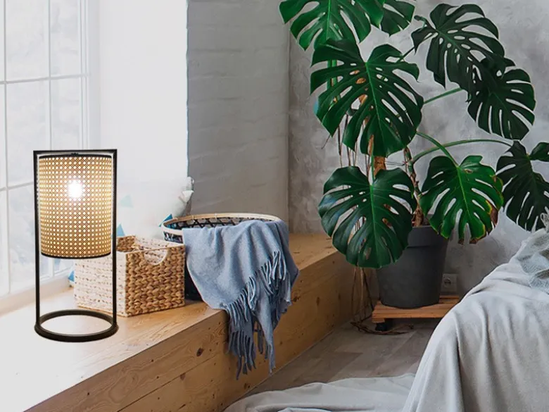 LED Tischlampe Schwarz mit Geflecht in Rattan Optik, Höhe 56cm
