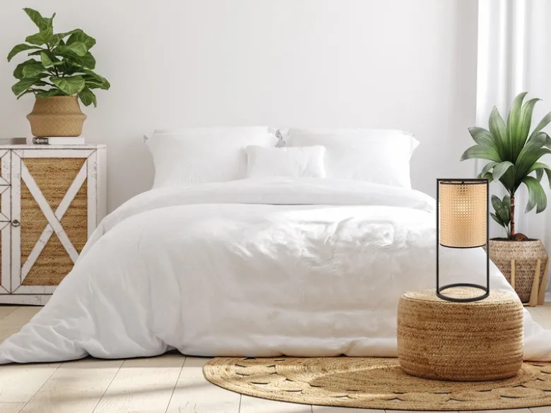 LED Tischlampe Schwarz mit Geflecht in Rattan Optik, Höhe 56cm