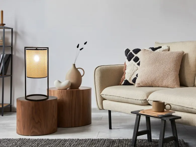 LED Tischlampe Schwarz mit Geflecht in Rattan Optik, Höhe 56cm