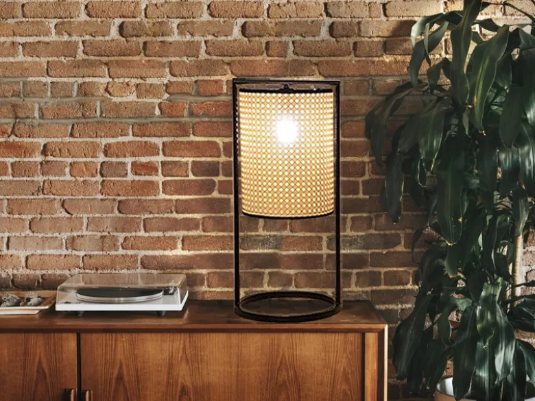 LED Tischlampe Schwarz mit Geflecht in Rattan Optik, Höhe 56cm