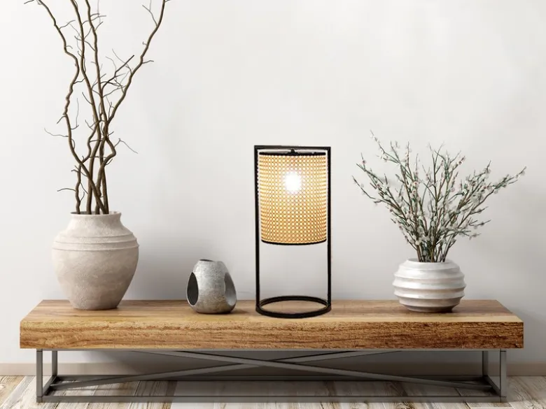 LED Tischlampe Schwarz mit Geflecht in Rattan Optik, Höhe 56cm