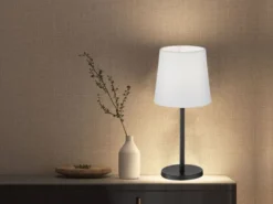 LED Tischlampe Schwarz mit Lampenschirm Stoff Weiß, Höhe 30cm