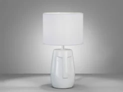 LED Tischlampe Weiß mit Keramikfuß & Stoffschirm, Höhe 36,5cm