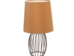 LED Tischleuchte AKIN mit braunem Stoffschirm und Metallgitter, Höhe 29cm