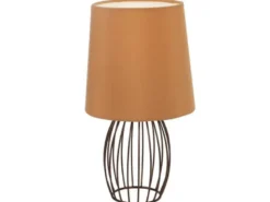 LED Tischleuchte AKIN mit braunem Stoffschirm und Metallgitter, Höhe 29cm